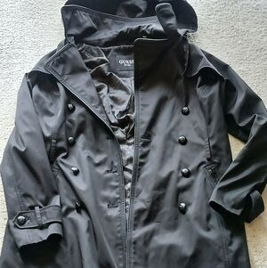 GUESS Womans Black Double-Breasted Trench Coat Rain Jacket